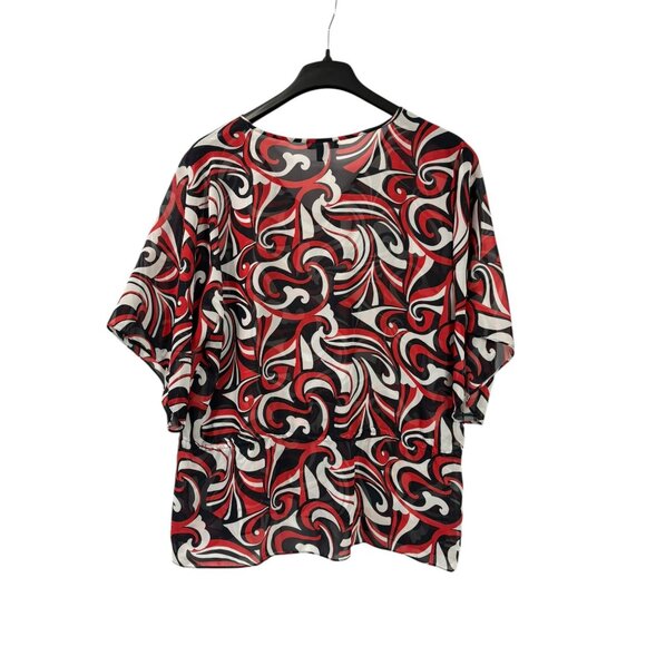 Y2K Chaps Womens Sheer Top Size 1X Abstract Tunic Blouse Red Black White - Picture 4 of 7
